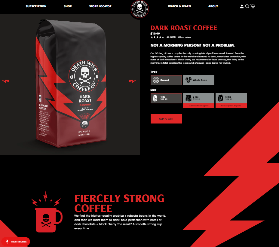 Screenshot of a Dark Roast Coffee product page by Death Wish Coffee