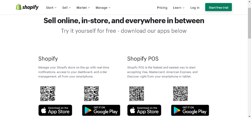 QR codes to install Shopify and Shopify POS on Google Play and app store