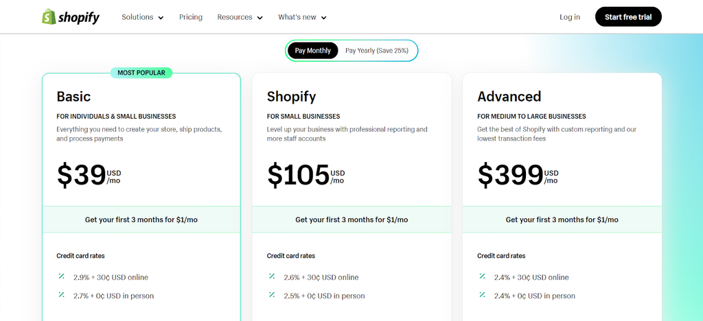 Monthly pricing for Shopify merchants in the US