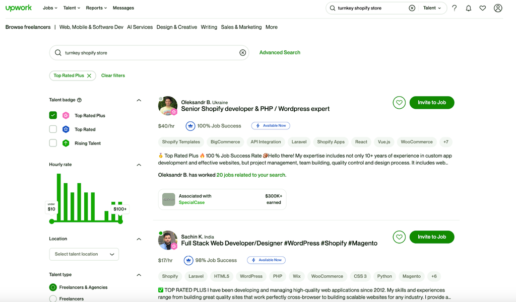 turnkey shopify store providers upwork freelancers