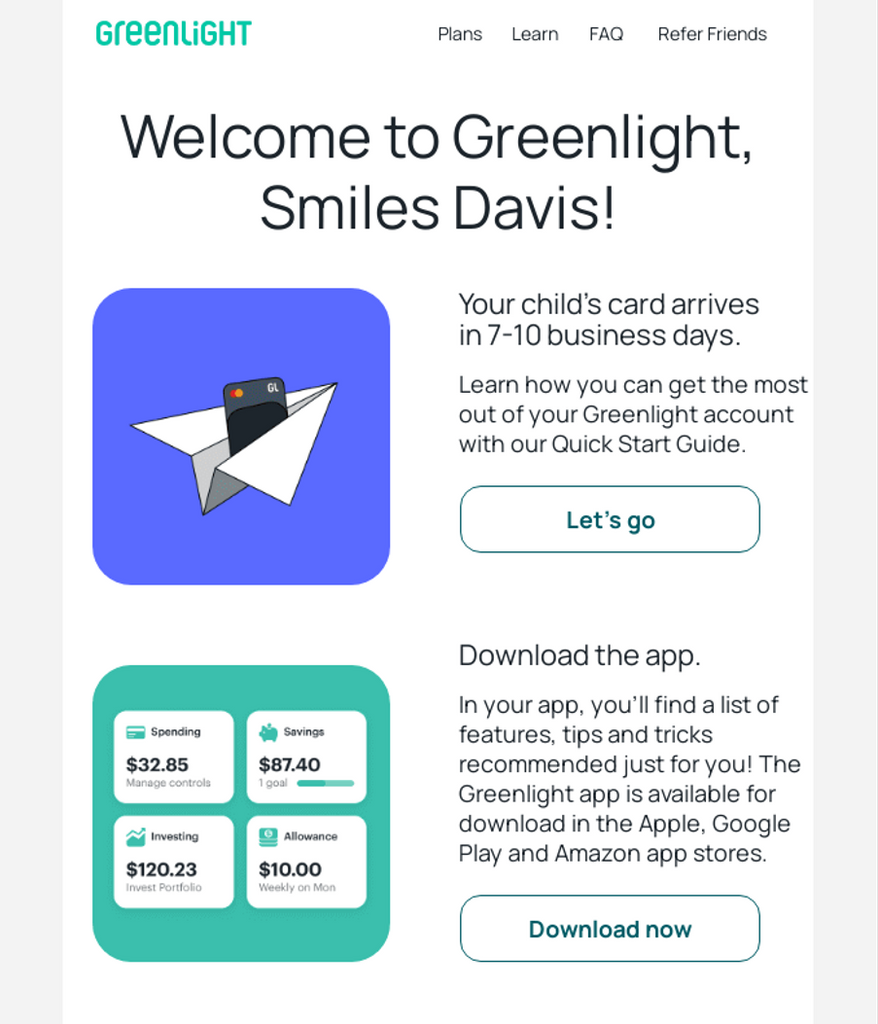 Greenlight’s welcome email that directs subscribers to valuable resources