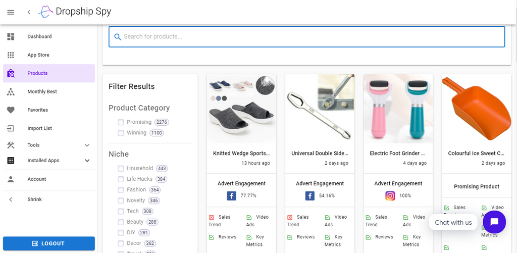 ilter search result by product category on dropship spy