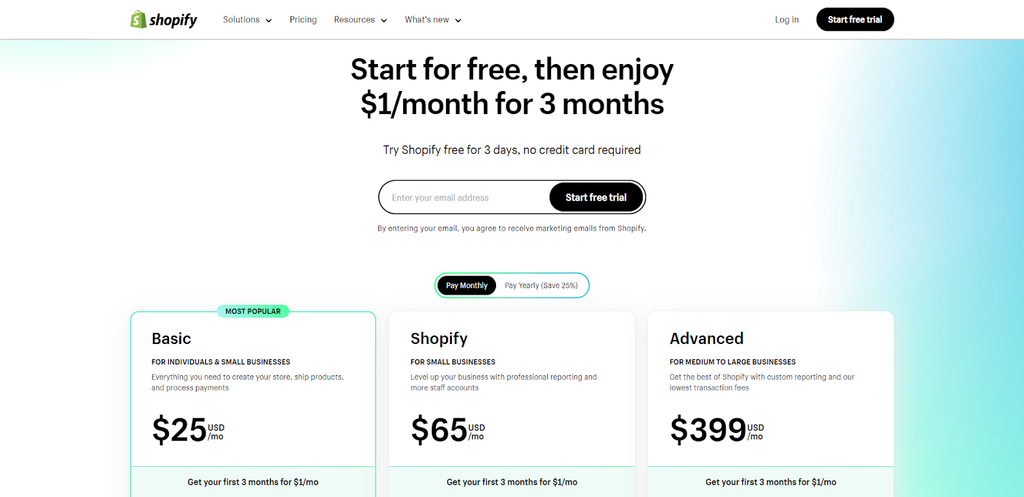 Screenshot of Shopify Pricing Plan