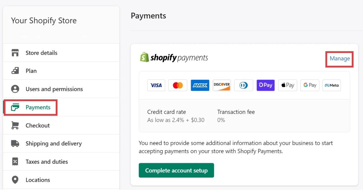 Shopify Payments section