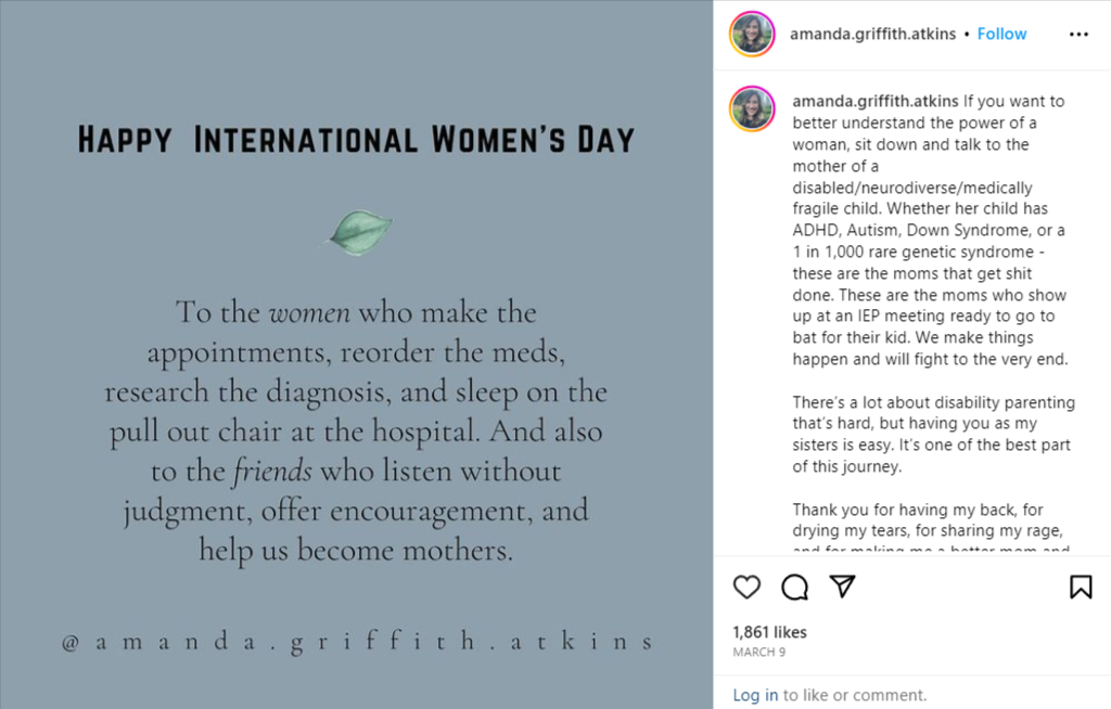 A heartfelt International Women's Day message of Amanda Griffith Atkins on Instagram