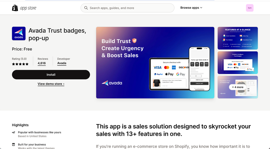 Avada trust badget app on Shopify app store