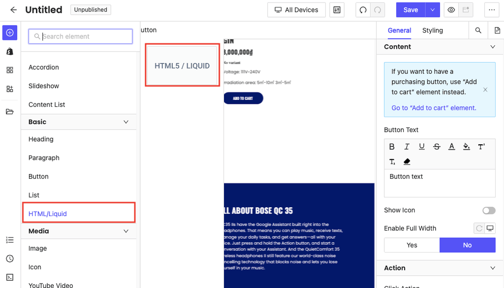 html/liquid element in pagefly's editor