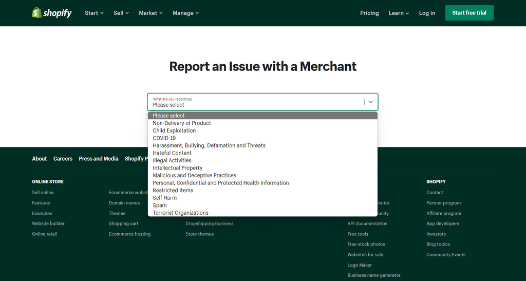 How to report issue with a Shopify merchant