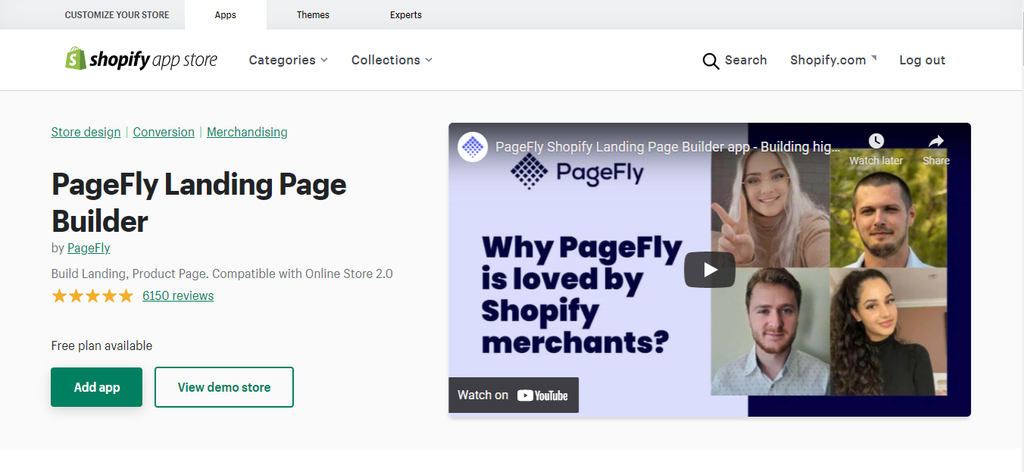 PageFly's Shopify app listing