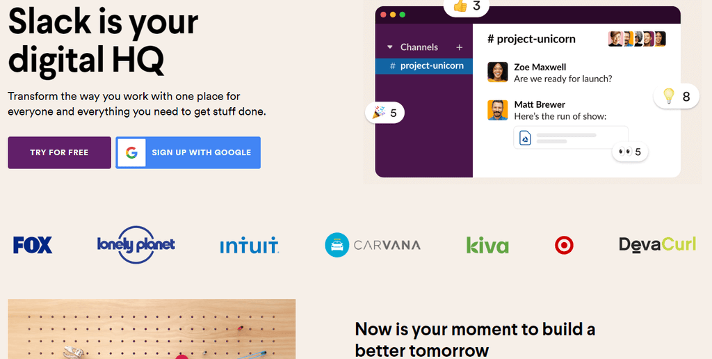 slack landing page