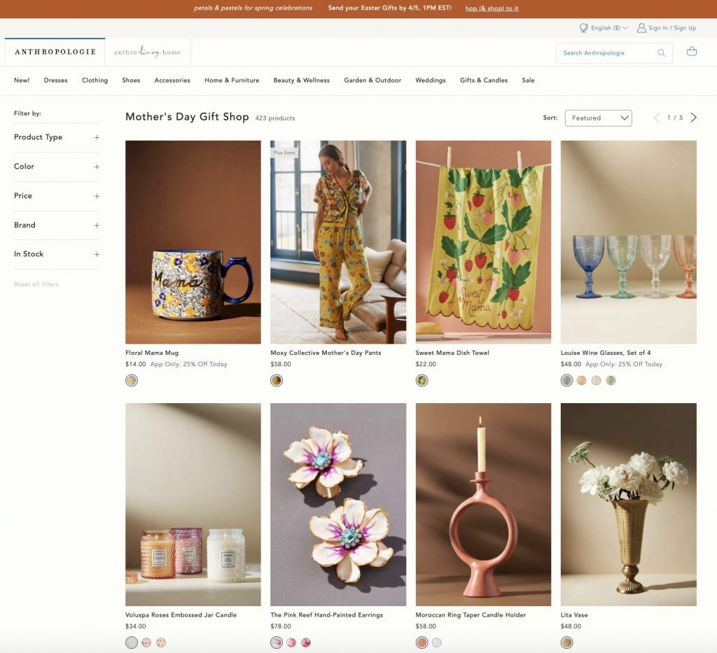 Anthropologie's mother's day collection page