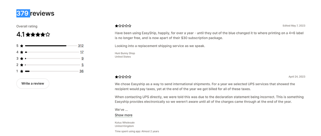 EasyShip received 379 reviews on Shopify app
