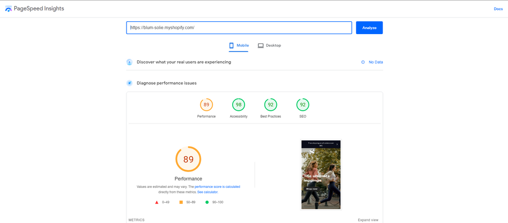 page speed insights of Blum Solie style