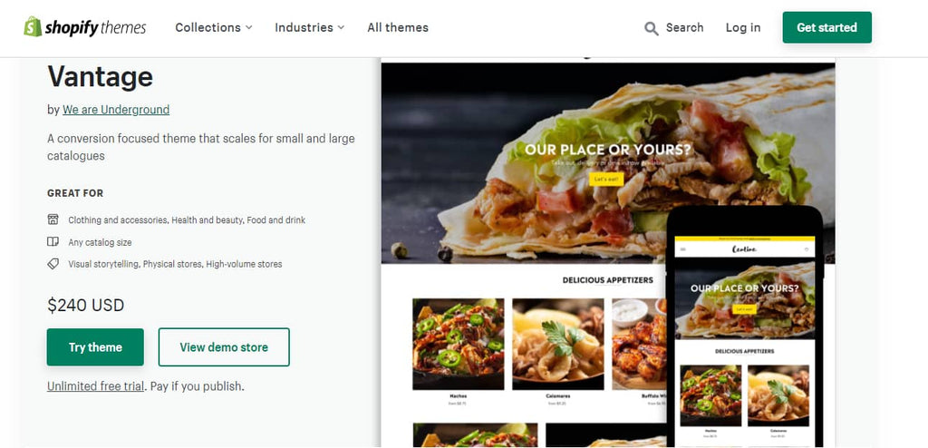 Shopify Vantage theme for restaurants