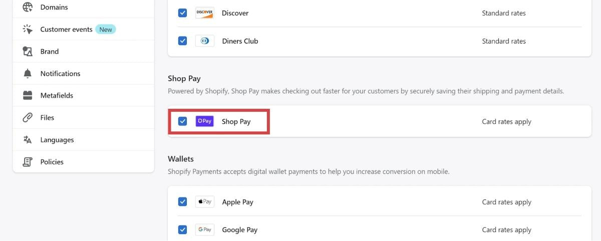 Scroll down and check the box next to Shop Pay