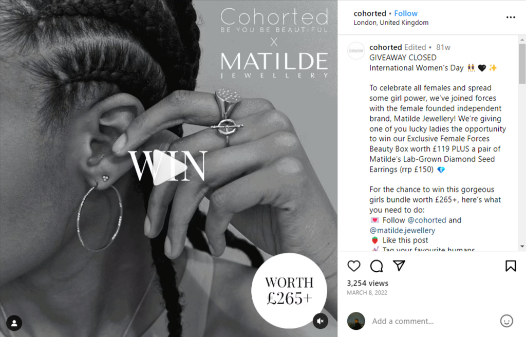 Screenshot of Cohorted's Instagram post that announces an IWD giveaway