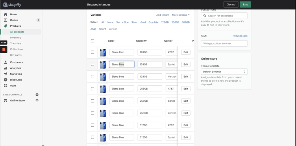 product settings with variants