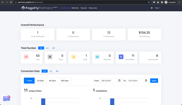 PageFly Affiliate dashboard