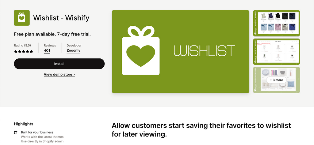 Wishlist ‑ Wishify by Zooomy Shopify app