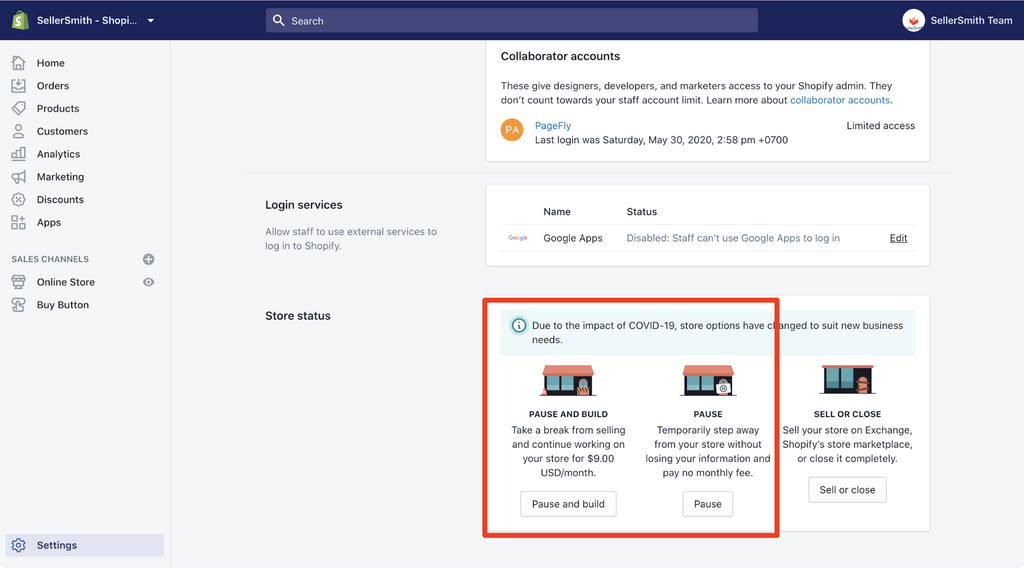 pause shopify store