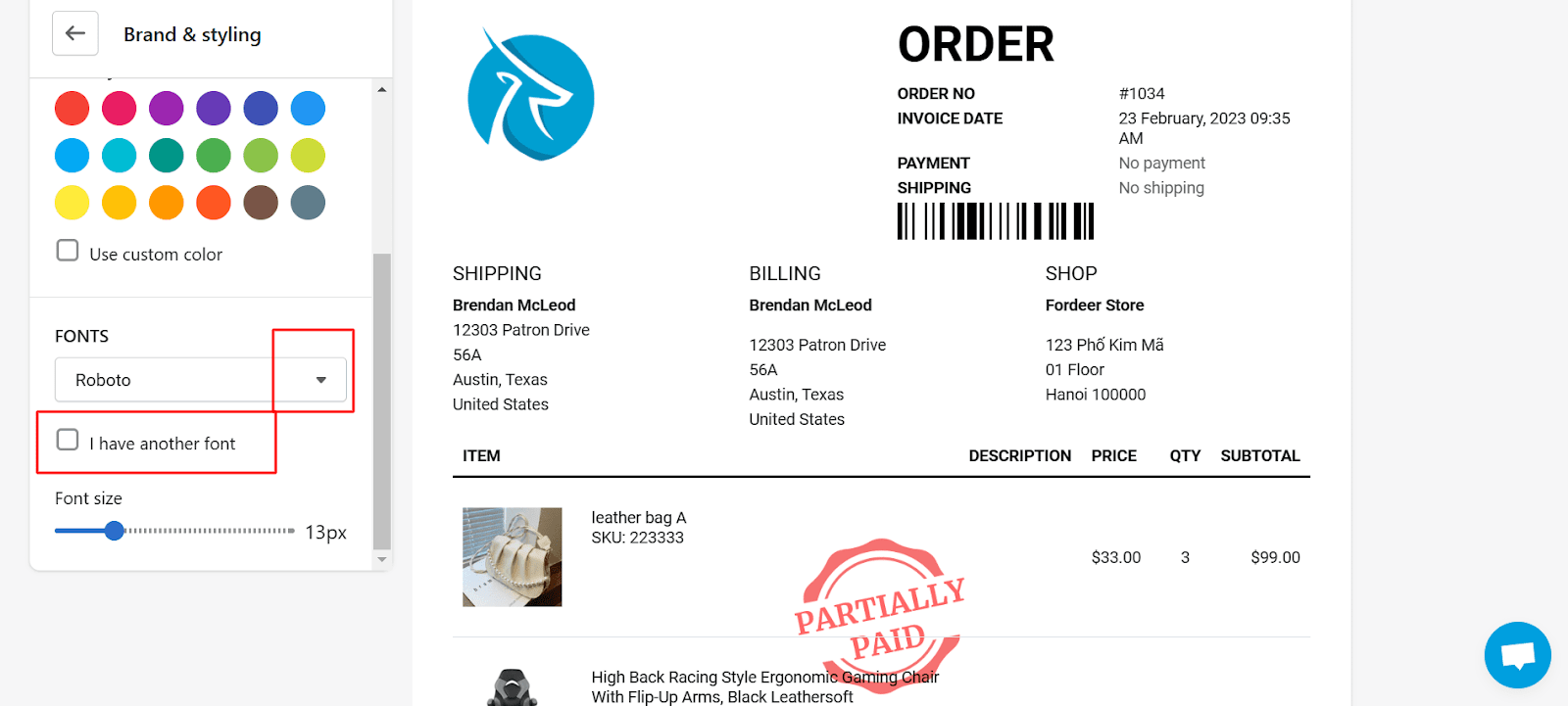 Customize your unique invoice templates with “Branding &amp; styling”