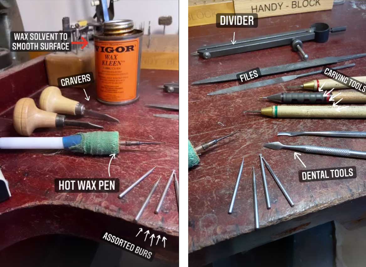 Tools used in wax carving for jewelry
