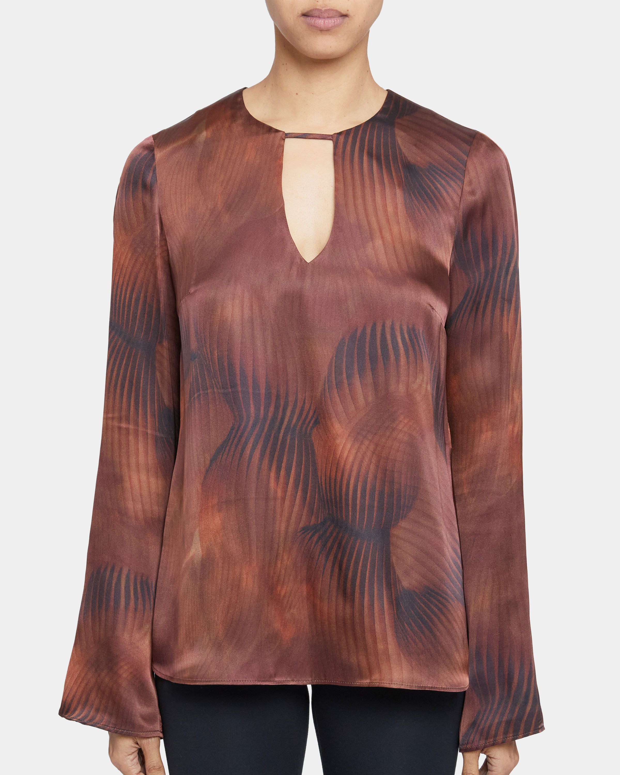NOA Long Sleeve Keyhole Silk Blouse in Abstract Printed Silk Blend
