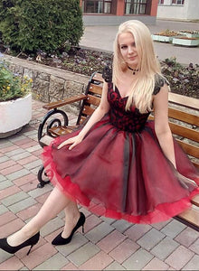 Burgundy lace short dress, homecoming dress cg1009