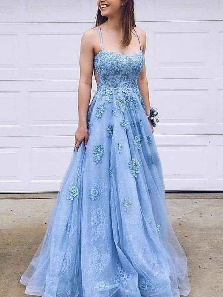 Open Back Prom Dresses with Spaghetti Straps Aline Sky Blue Long Lace ...