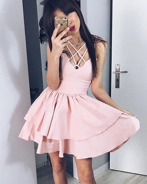 simple pearl pink pleated crisscross layered homecoming dress cg1095 ...