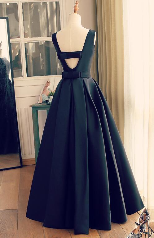 Black Round Neckline Satin Long Party Dress, A-Line Floor Length Eveni ...