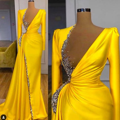 yellow prom dresses 2021 pleats crystal long sleeve a line gold long e ...