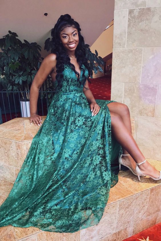 green lace A-line long prom dress with side slit   cg12345