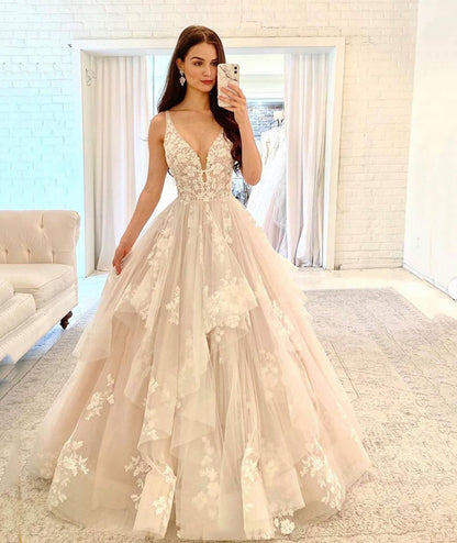 A LINE V NECK TULLE LACE LONG BALL GOWN PROM DRESS FORMAL DRESS cg1337 ...