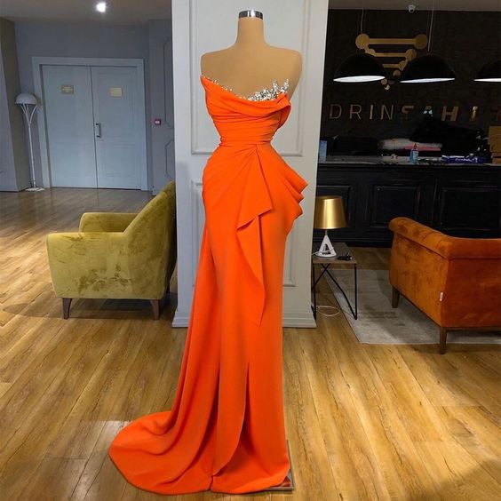 Evening Dresses V Neck Sheath Evening Gowns Orange Party Dress Slit Se ...