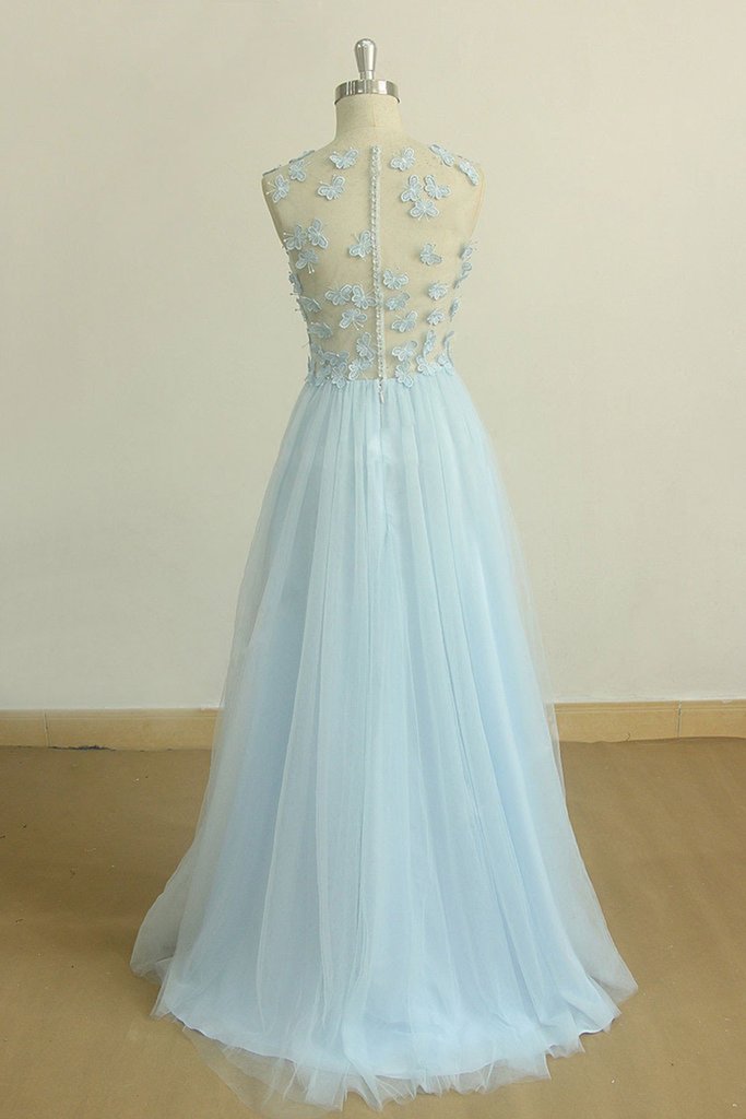 A Line Round Neck Baby Blue Lace Long Prom Dress with Butterfly cg1459 ...