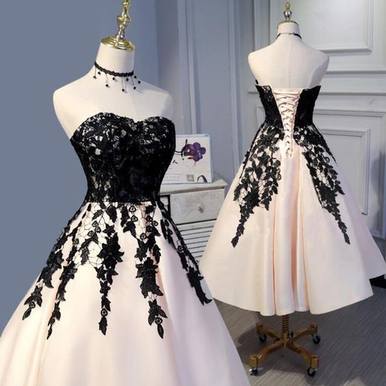 Tea Length Champagne and Black Lace Wedding Party Gown Formal homecomi ...