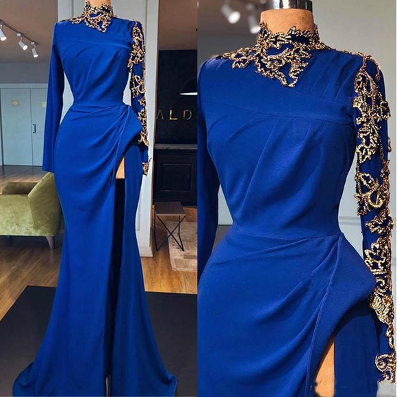 Royal Blue Mermaid Prom Dresses High Neck Long Sleeves Side Split Gold Appliques Evening Gowns   cg18823