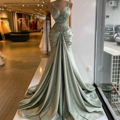green prom dress, sweetheart prom dresses, pleats prom dresses, crysta ...