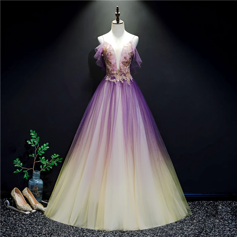 Purple And Yellow Gradient V-Neckline Straps Tulle Evening Gown, Long ...