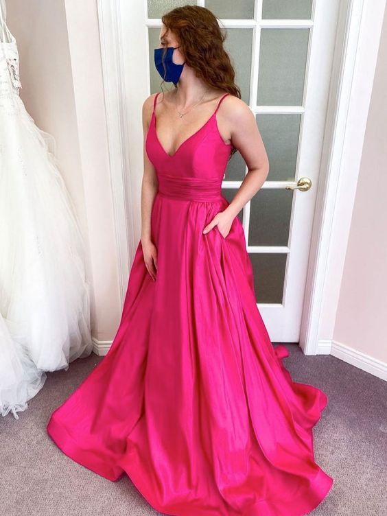 Simple pink v neck satin long prom dress pink formal dress cg22059 ...