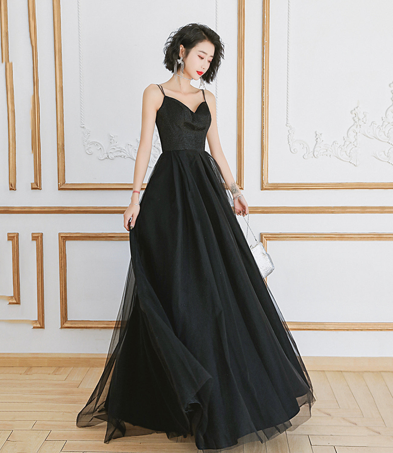 BLACK TULLE LONG A LINE PROM DRESS EVENING DRESS cg22314 – classygown