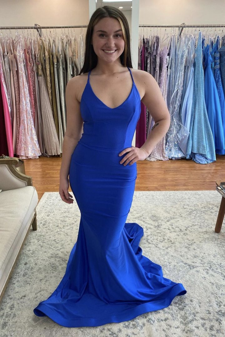Blue long v neck prom dress mermaid evening dress cg22520 – classygown
