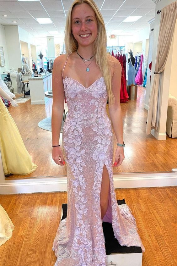 straps lilac long prom dress with side slit cg22990 – classygown