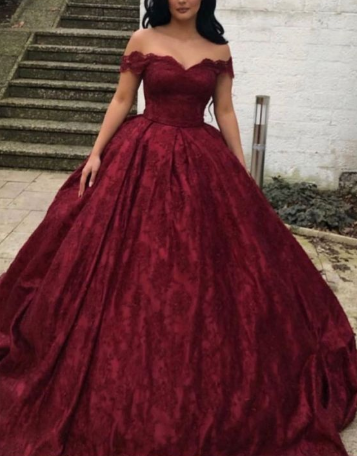 Charming Burgundy Lace Ball Gown Off Shoulder prom dress Wedding Dress ...
