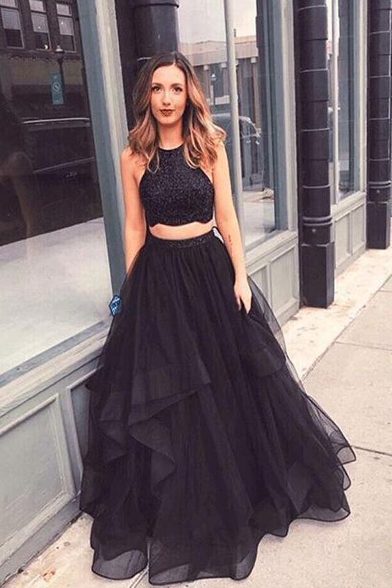 Elegant Two Piece Tulle Lace Prom Dress, Sexy Evening Dress, Long Prom ...