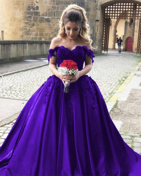 purple ball gown wedding dress lace off the shoulder prom gown cg3005 ...