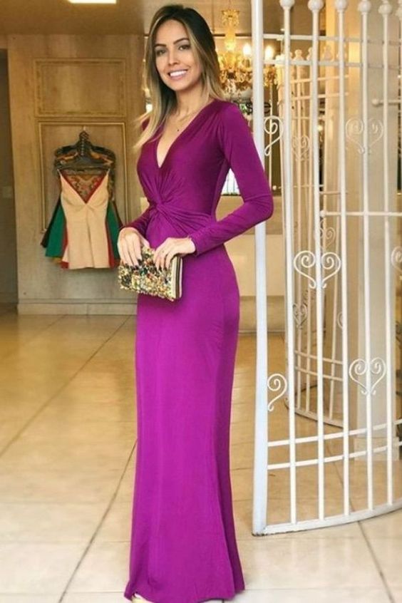 Mermaid Deep V-Neck Floor-Length Long Sleeves Grape Stretch Satin Prom ...