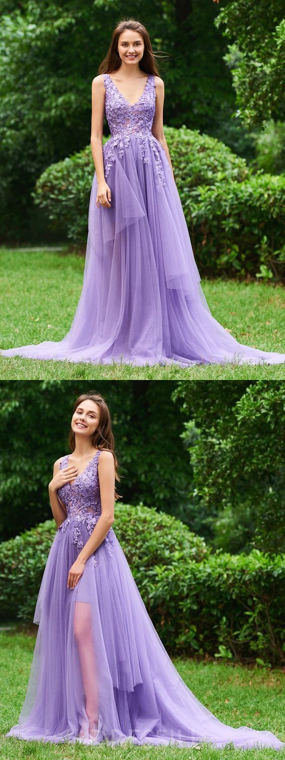 Purple Prom Dress,ALine Prom Gown,Tulle Prom Dress,VNeck Prom Gown c