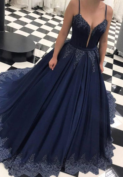 Navy Blue Lace A Line Long Prom Dresses evening dresses prom dresses c ...